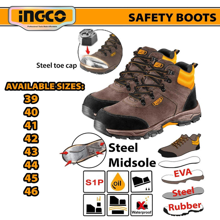 Buildmate x INGCO Safety Boots Steel Toe S1P Leather Work Safety Shoes 39-46 IHT