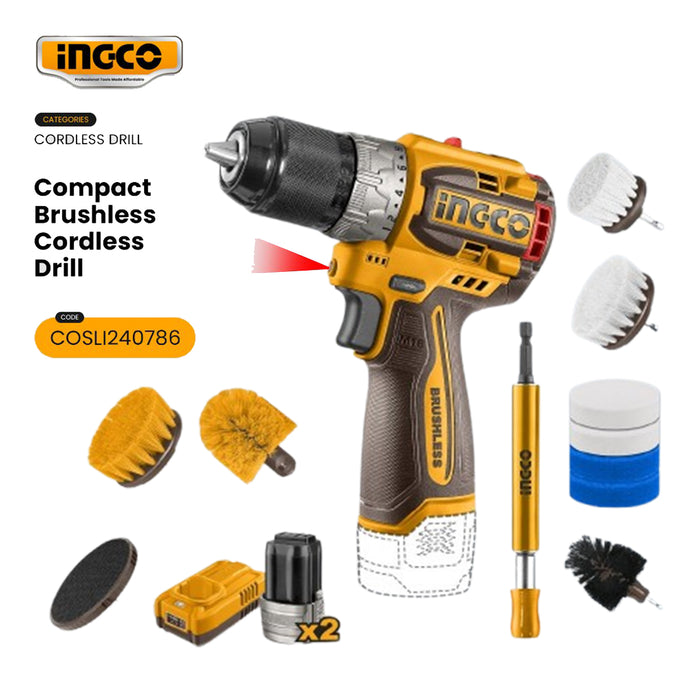 INGCO 16V Compact Brushless Cordless Drill Driver with 2x Batteries Power Screwdriver 13mm Keyless Chuck COSLI240786 ICPT - BUILDMATE