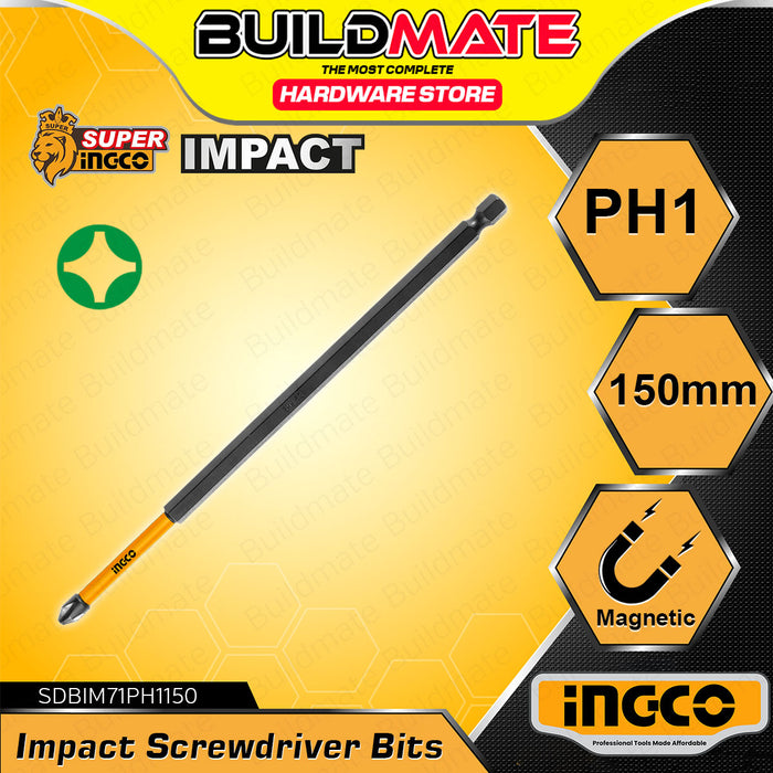 BUILDMATE Ingco Impact Screwdriver Bits PH1 100mm - 150mm Black Surface Magnetic Phillips Impact Driver Screw Bits - IHT