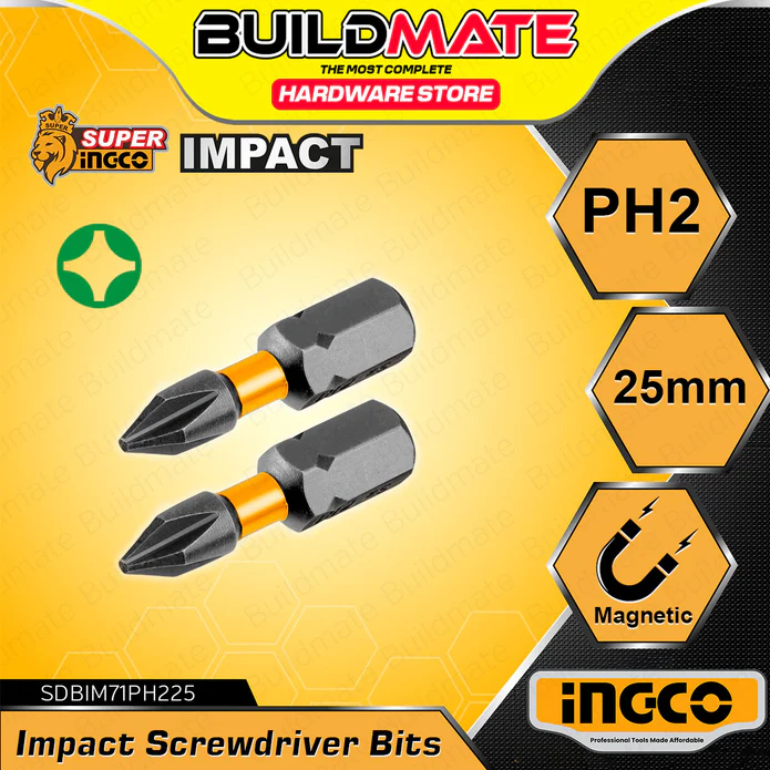 BUILDMATE Ingco 2PCS/SET Impact Screwdriver Bits 25MM - 65MM Black Surface with Magnet Phillips IHT