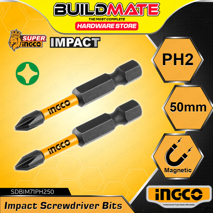 BUILDMATE Ingco 2PCS/SET Impact Screwdriver Bits 25MM - 65MM Black Surface with Magnet Phillips IHT