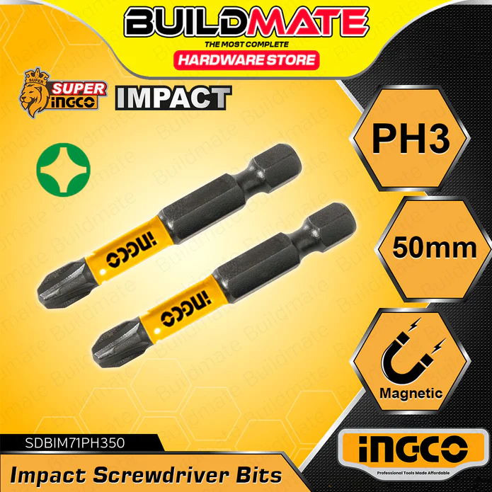BUILDMATE Ingco 2PCS/SET Impact Screwdriver Bits 25MM - 65MM Black Surface with Magnet Phillips IHT