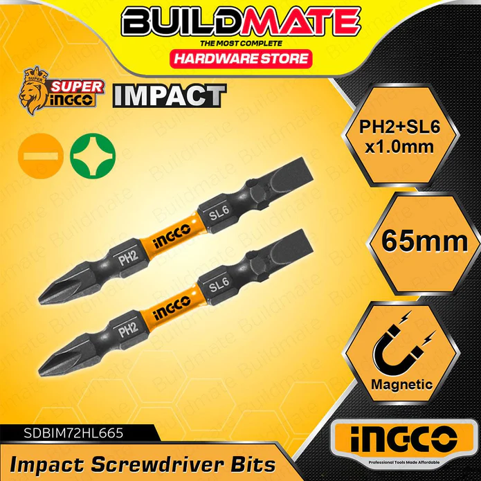 BUILDMATE Ingco 2PCS/SET Impact Screwdriver Bits 25MM 65MM Black Surface with Magnet Phillips IHT