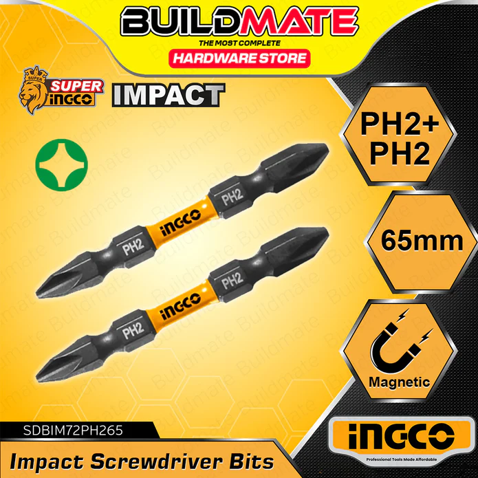 BUILDMATE Ingco 2PCS/SET Impact Screwdriver Bits 25MM - 65MM Black Surface with Magnet Phillips IHT