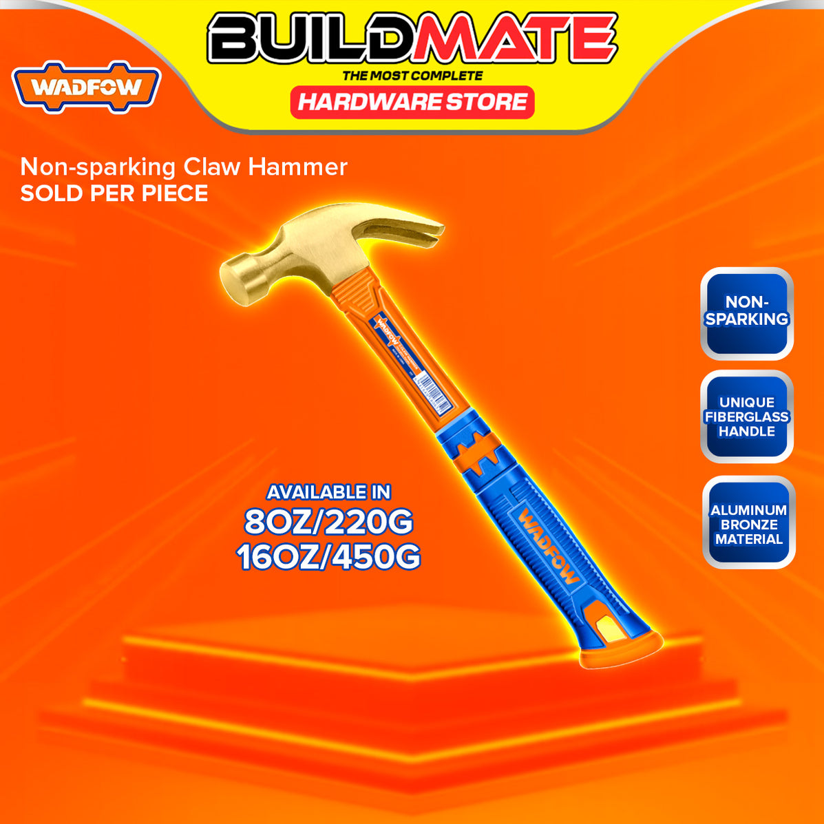 BUILDMATE Wadfow Non-Sparking Claw Hammer 8oz / 16oz with Fiberglass H ...