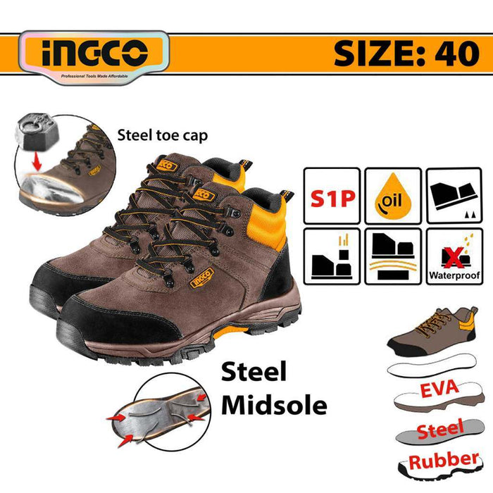 Buildmate x INGCO Safety Boots Steel Toe S1P Leather Work Safety Shoes 39-46 IHT
