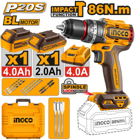 INGCO 20V Brushless Cordless Impact Drill w/ 2pcs Battery & Charger for Heavy-Duty Drilling & Driving CIDLI20868 ICPT - BUILDMATE