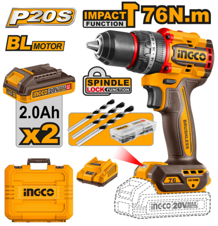 INGCO 20V Compact Brushless Cordless Impact Drill w/ 2pcs Battery & Charger for Heavy-Duty Drilling & Fastening CIDLI20768 ICPT