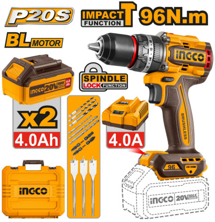 INGCO 20V Brushless Cordless Impact Drill w/ 2pcs Battery & Charger for Drilling and Driving Tasks CIDLI20968 ICPT - BUILDMATE