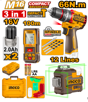 Buildmate x INGCO 16V 3PCS Cordless Drill, 3D Laser Level & Distance Meter COSLI250995 IPT