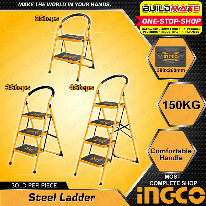 BUILDMATE Ingco Wide Steel Ladder 2 / 3 / 4 STEPS 150KG Capacity Household Indoor Outdoor Climbing Ladder Non-slip • IHT