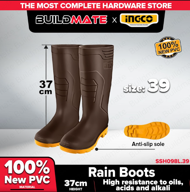 Buildmate x INGCO SSH098L Rain Boots | Brown PVC, Waterproof, Oil & Acid Resistant 39-41 IHT
