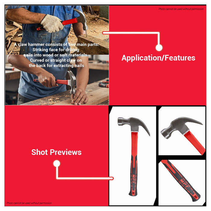 Buildmate x MPT Claw Hammer 16oz Fiberglass Handle Heavy Duty Hand Tool MHD01003-16