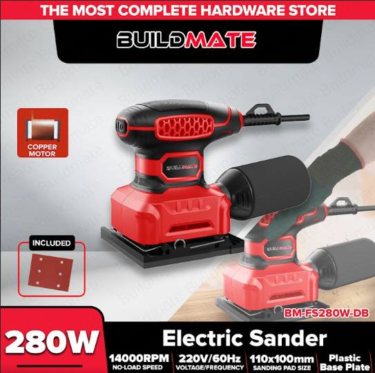 BUILDMATE 280W Copper Motor Finish Sander 110x100mm w/ Dust Collection Bag FS280W-DB