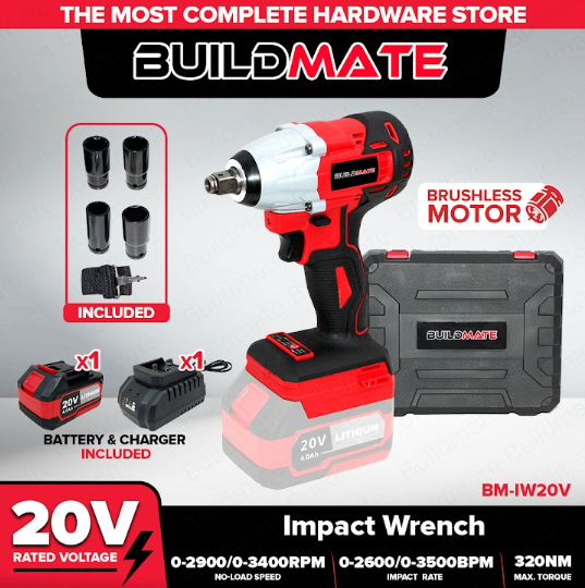 BUILDMATE 20V Brushless Impact Wrench w/ Lithium-ion Battery and Charger | Extra Battery 4.0Ah for Cordless Impact Wrench - BM-IW20V BM-4.0AH