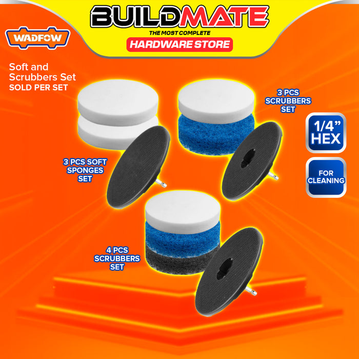 BUILDMATE Wadfow 3PCS / 4PCS Soft Sponge and Scrubber Pad Set 3.5" Inch Drill Power Brush Scouring Pads Cleaning Tool Kit SOLD PER SET - WHT