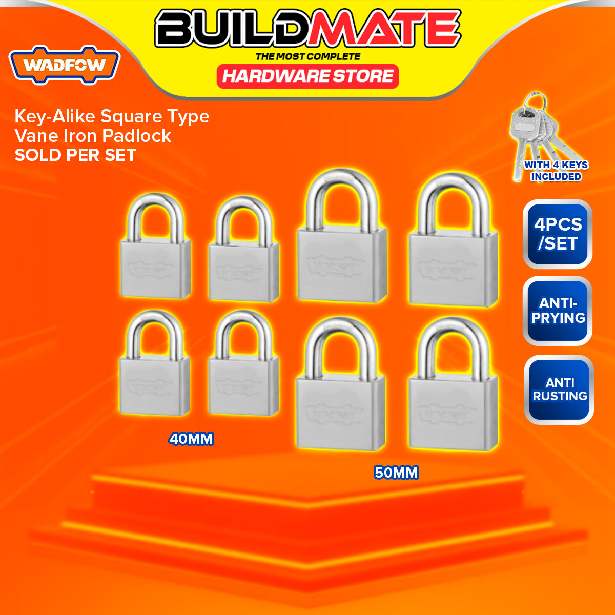 BUILDMATE Wadfow 4pcs Key-Alike Square Type Vane Padlock Set 40MM / 50 ...