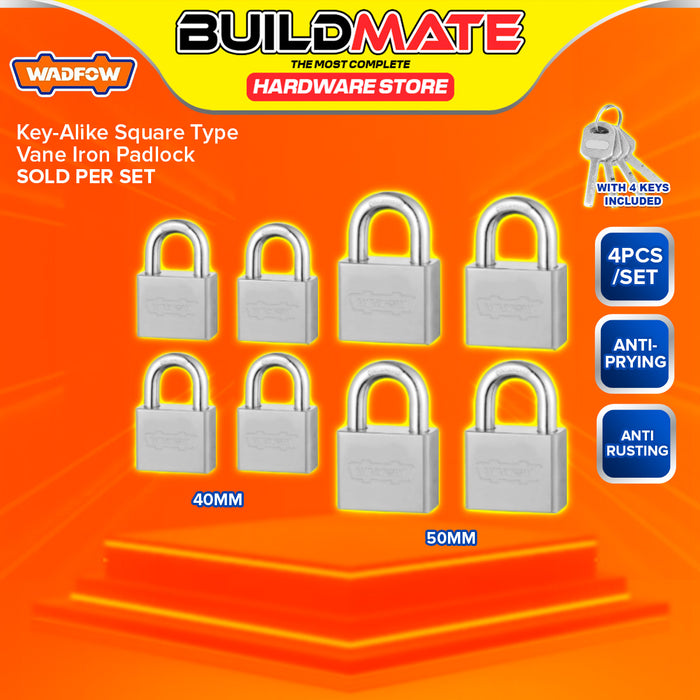 BUILDMATE Wadfow 4pcs Key-Alike Square Type Vane Padlock Set 40MM / 50MM Short Shackle Anti-Theft Keyed Wide Security Lock with Keys WPDS444 / WPDS454 - WHT