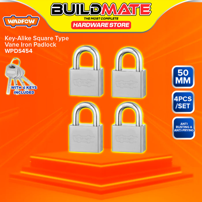 BUILDMATE Wadfow 4pcs Key-Alike Square Type Vane Padlock Set 40MM / 50MM Short Shackle Anti-Theft Keyed Wide Security Lock with Keys WPDS444 / WPDS454 - WHT
