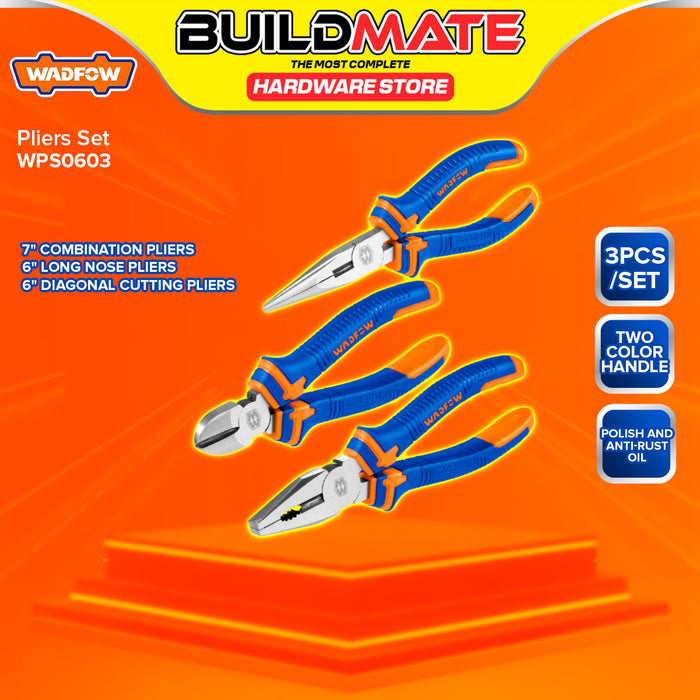 BUILDMATE Wadfow 3pcs Pliers Set Combination, Long Nose, Diagonal Cutting Plier Multi-Purpose Hand Repair Tool Kit Set - WHT