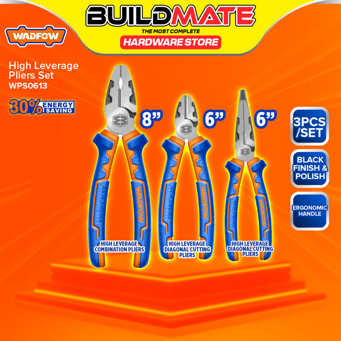 BUILDMATE Wadfow 3pcs High Leverage Pliers Set 6" - 8" Inch Combination, Long Nose, Diagonal Cutting Plier Hand Tools SOLD PER SET WPS0613 - WHT