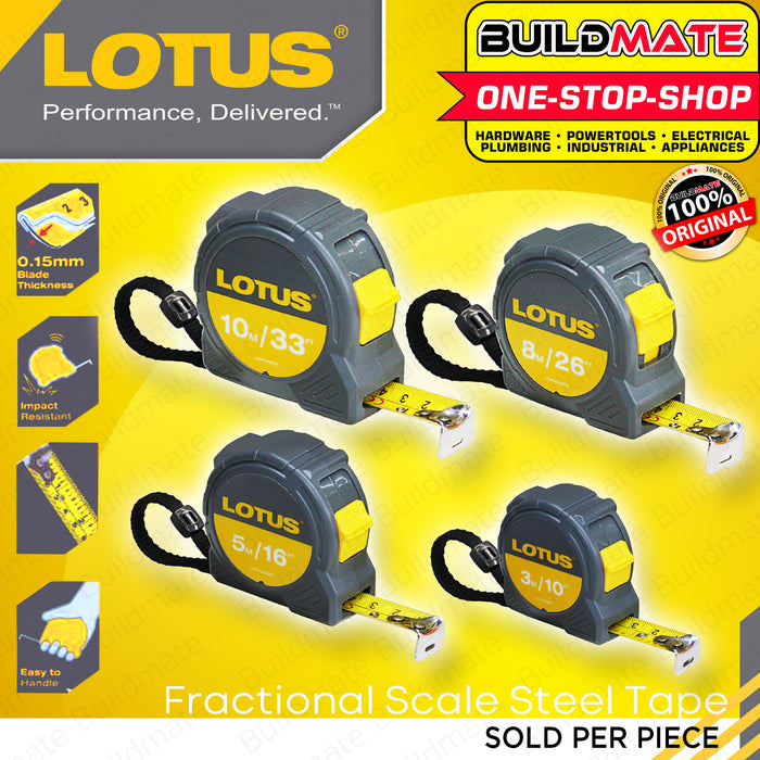 BUILDMATE Lotus Steel Tape 3M | 5M | 8M | 10M Measuring Tape Measure Fraction Scale Metric, Inch, Fraction Continuous Marking Blade Easy To Read Both Side Triple Ruler, Retractable Portable Measure Tape Tool For Professional Measurement • LHT