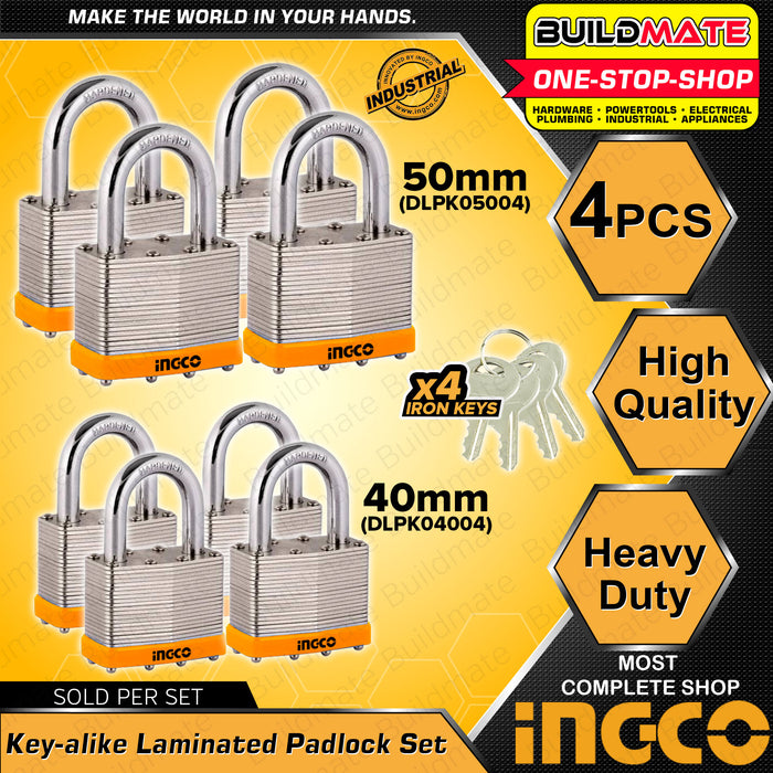 BUILDMATE Ingco 4PCS Key Alike Laminated Padlock 40MM | 50MM [SOLD PER SET] Laminate Padlock Pad Lock Keyed Padlock Solid Brass Lock with 4pcs Iron Keys Wide Lock Body Security Lock Anti-Theft Lock DLPK04004 | DLPK05004 • HT2
