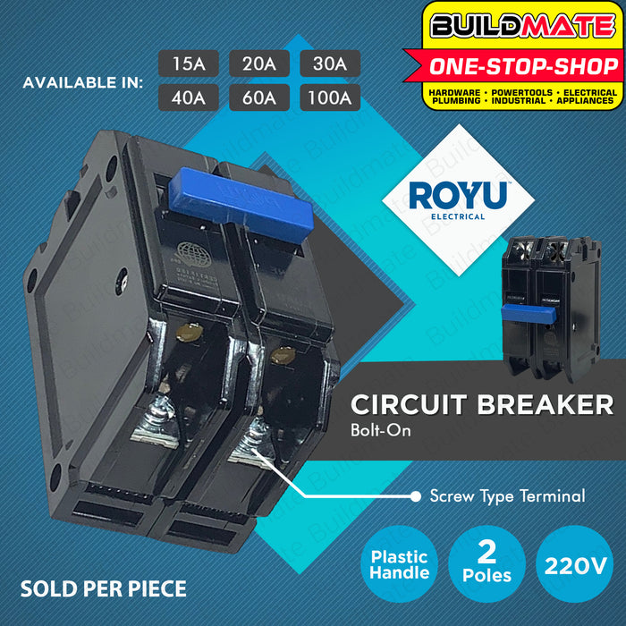 BUILDMATE Royu Mini Circuit Breaker Bolt-On Type Screw Terminal 2 Pole 15A | 20A | 30A | 40A | 60A | 100A [SOLD PER PIECE] Electrical Safety Breaker Safety Circuit Breaker Electrical Outlet Cover Electrical Circuit Safety •