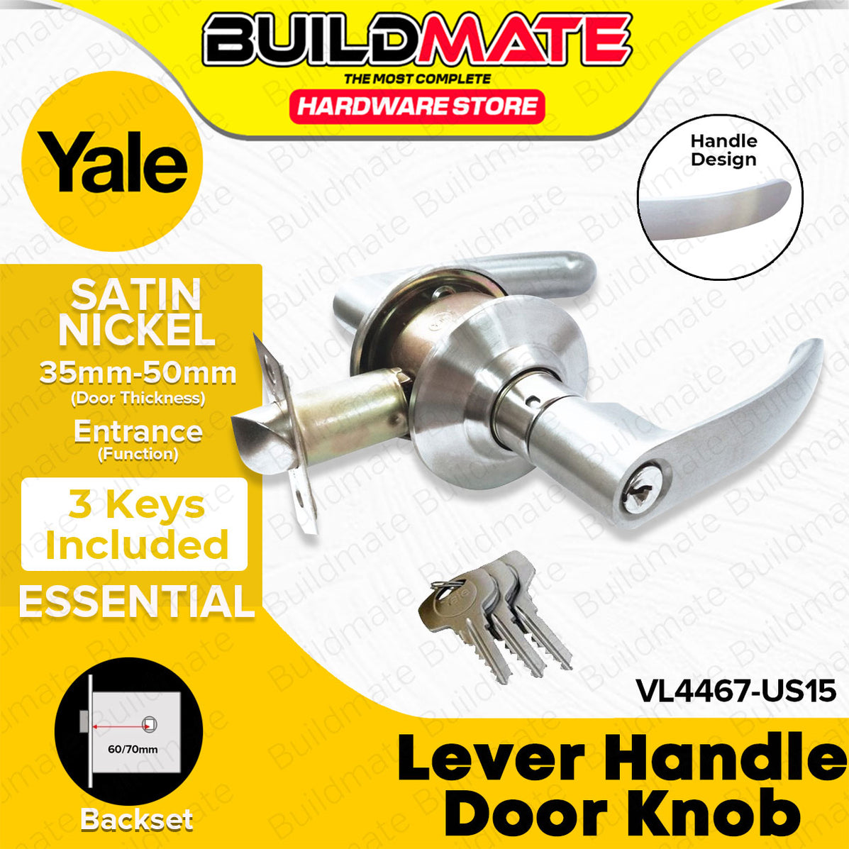 YALE Essential Series Lever Handle Entrance Lockset Door Knob Satin Ni ...