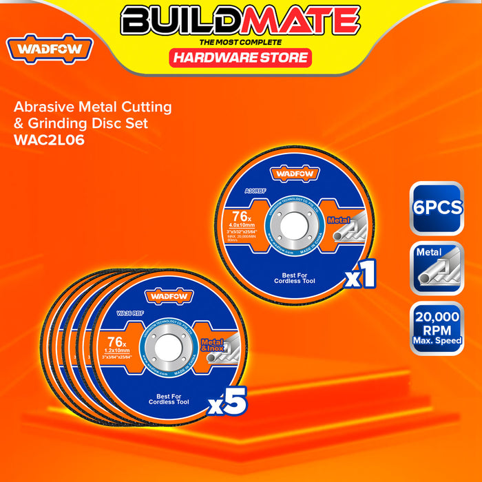 BUILDMATE Wadfow 6pcs Abrasive Metal Cutting and Grinding Disc Set 76mm Metalworking Ultra Thin Cutting Disc and Grinding Wheels Kit WAC2L06 - WHT