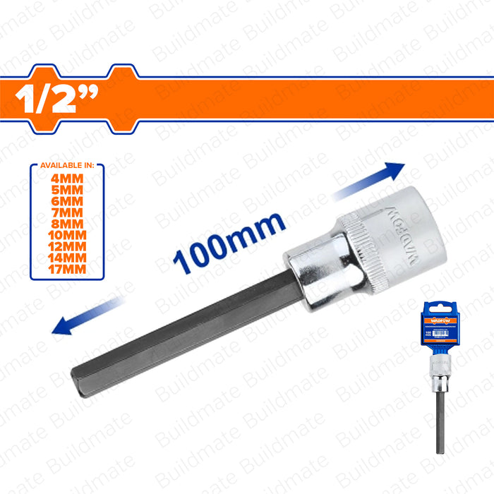 WADFOW 1/2" Long Hex Bit Socket 4MM-17MM Chrome Plated Cr-V Hexagonal Bit SOLD PER PIECE •BUILDMATE• WHT