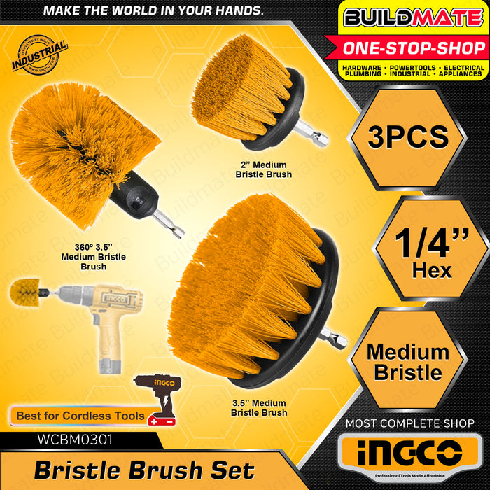 INGCO 3PCS Medium Bristle Brush Set 1/4 Hex Shank Drill Cleaning Brush Cleaner Kit WCBM0301 •BUILDMATE• IHT