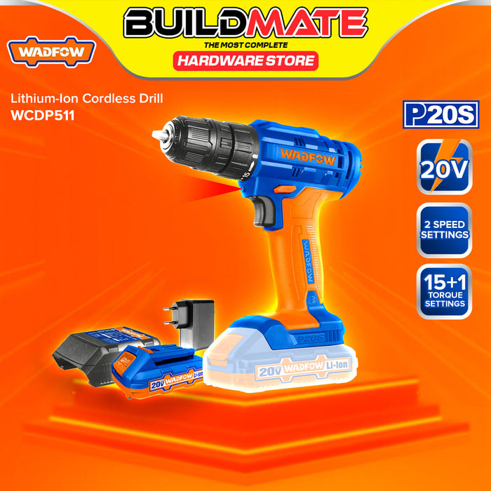 BUILDMATE Wadfow Lithium-Ion 20V Cordless Drill 35Nm Rechargeable Drilling Gun with Battery and Charger WCDP511 - WCPT