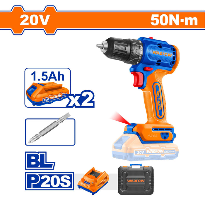 BUILDMATE Wadfow 45Nm Brushless Lithium-Ion 20V Cordless Drill 0.8-10mm 2-Speed Rechargeable Hand Drill Driver Power Tool WCDP552 -  WCPT