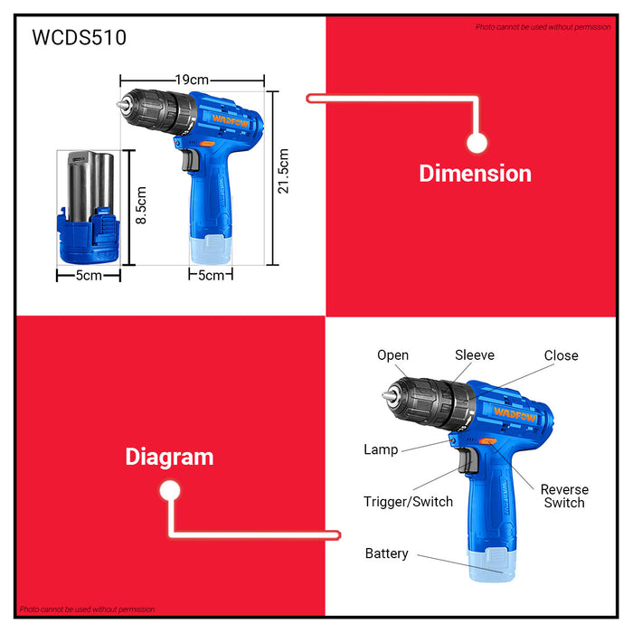 BUILDMATE Wadfow Lithium-Ion Cordless Drill 12V Drilling Gun with Power Indicator Battery Power Tools WCDS510 | 100% ORIGINAL / AUTHENTIC • WPP