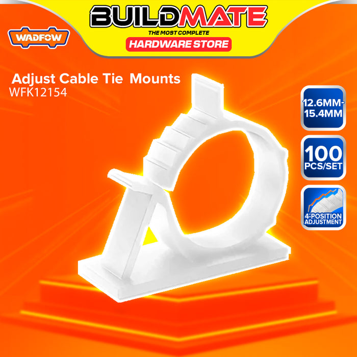 BUILDMATE Wadfow 100pcs White Adjust Cable Tie Mounts 7.9-25.4mm Self-Adhesive Adjustable Wire Clamp Cable Ties Mounting Clip - WHT
