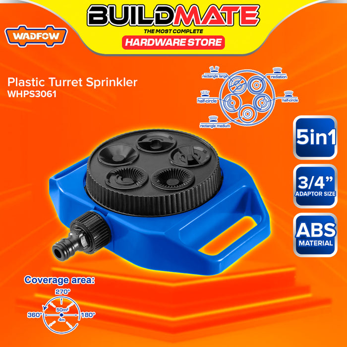 BUILDMATE Wadfow 5in1 Plastic Turret Sprinkler 3/4" Inch ABS Revolving Water Garden Outdoor Lawn Sprinkler WHPS3061 - WHT