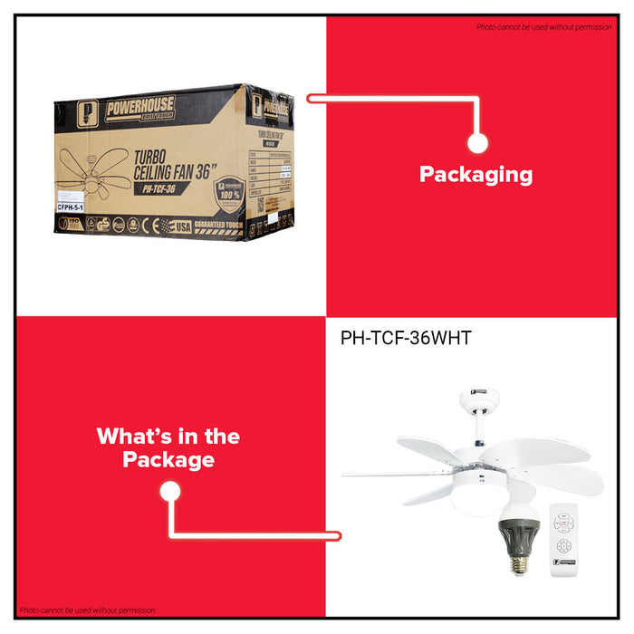 POWERHOUSE Turbo Ceiling Fan AC Motor 36in With Led Bulb & Remote Control Black, White & Wood PHE