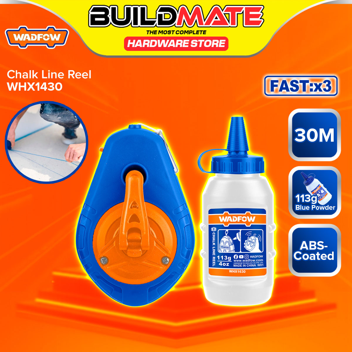 BUILDMATE Wadfow Chalk Line Reel Pitik 30m with 113g Powder Bottle Cha ...