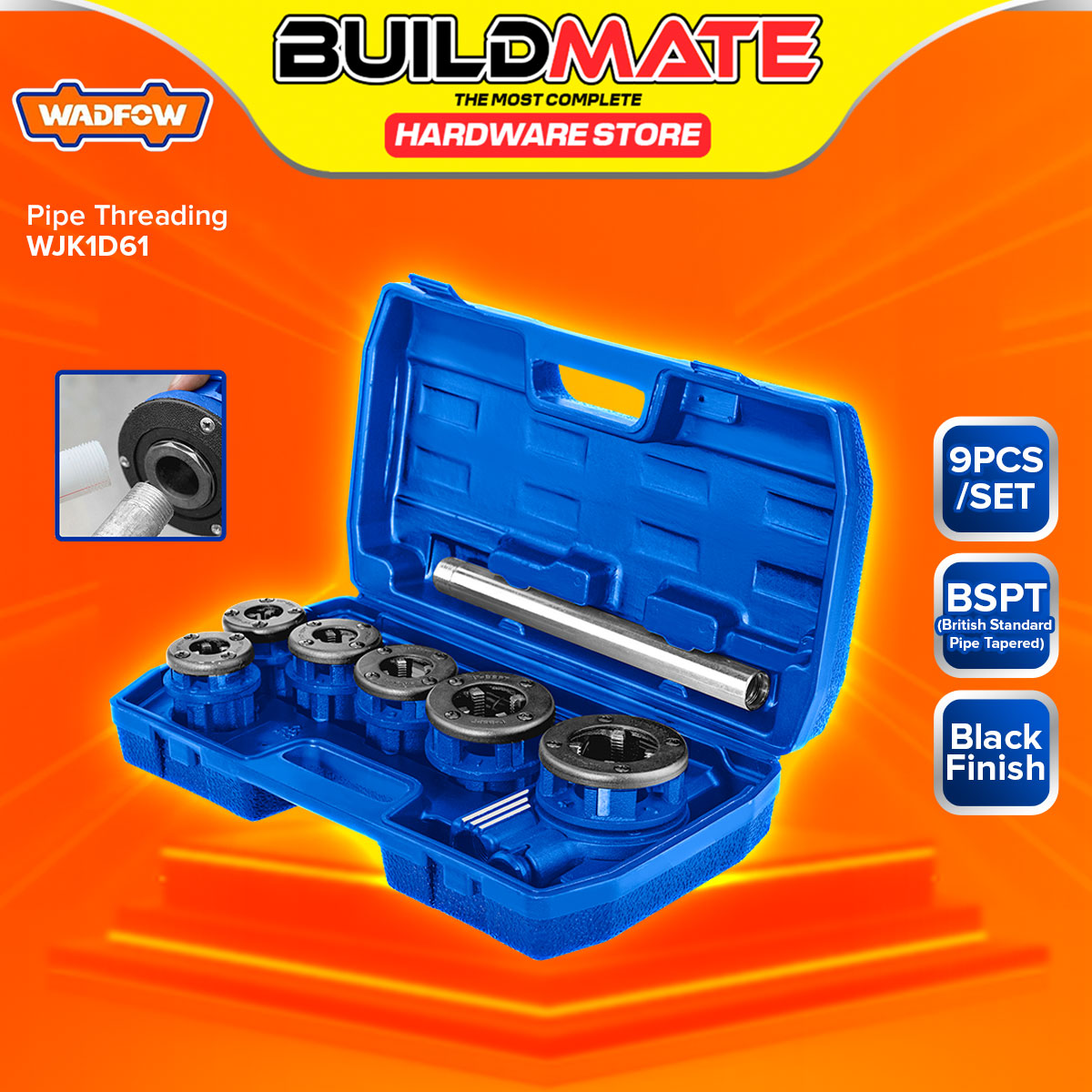 BUILDMATE Wadfow 9pcs Pipe Threading Set BSPT Manual Ratchet Die Stock ...