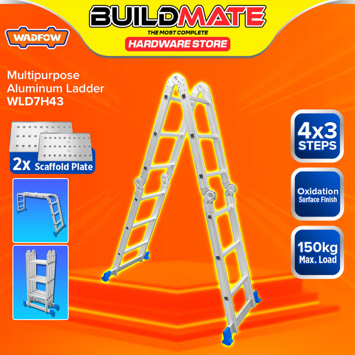 BUILDMATE Wadfow Multi-Purpose Aluminum Ladder 4x3 / 4x4 Steps Heavy Duty Indoor / Outdoor Extendable Folding Ladder - WHT