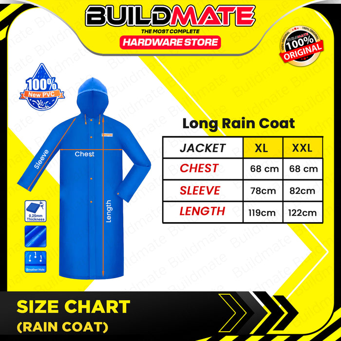 BUILDMATE Wadfow Rain Coat 120cm L | XL | XXL [SOLD PER PIECE] PVC Hooded Reflective Raincoat Waterproof Kapote with Adjustable Hat Cord WRC200L | WRC20XL | WRC2XXL • WHT
