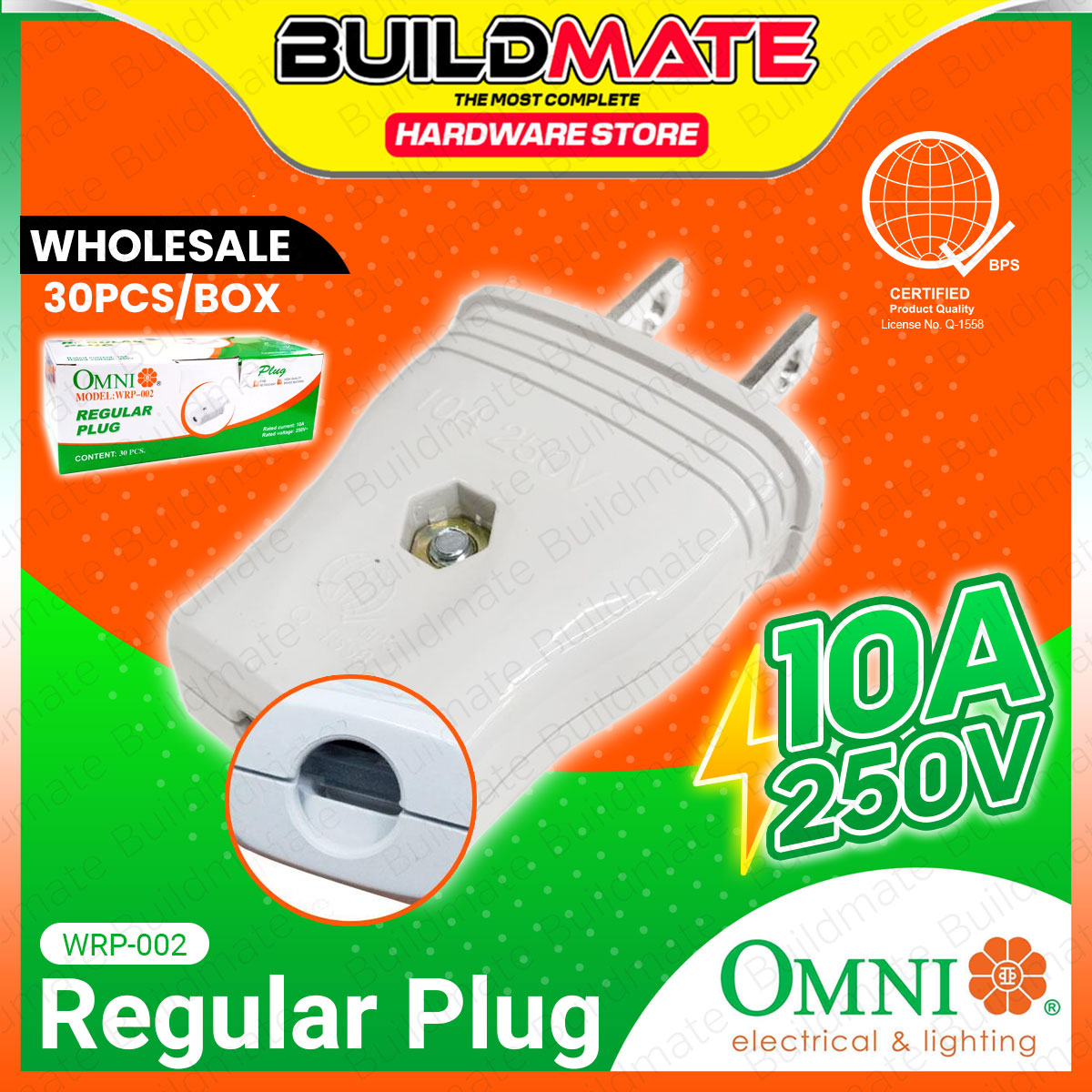 BUILDMATE Omni 30PCS/BOX Regular Plug 10A 250V 2-Prong Household Power ...