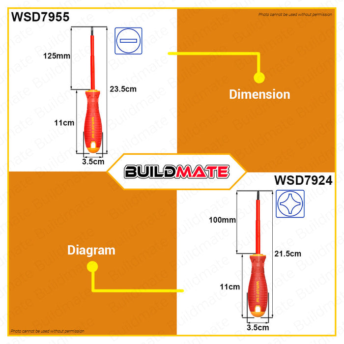 BUILDMATE Wadfow Insulated Screwdriver 80MM - 150MM [SOLD PER PIECE] Flat & Philip Screwdriver Round Shank & Flathead Slotted Crosshead Screw Driver Repair Tool Kit Hand Tool • WHT