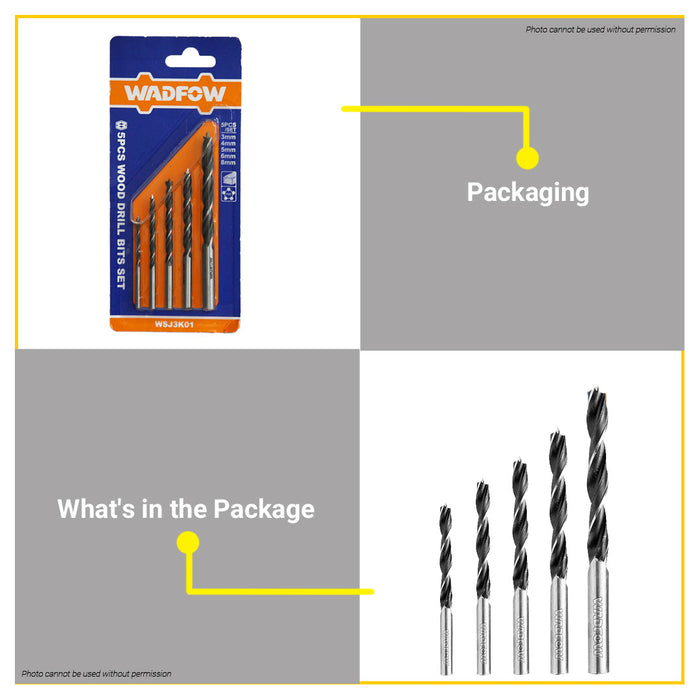 BUILDMATE Wadfow 5PCS Wood Drill Bits Set 3MM - 8MM Diverse Woodworking Drilling WSJ3K01 • WHT