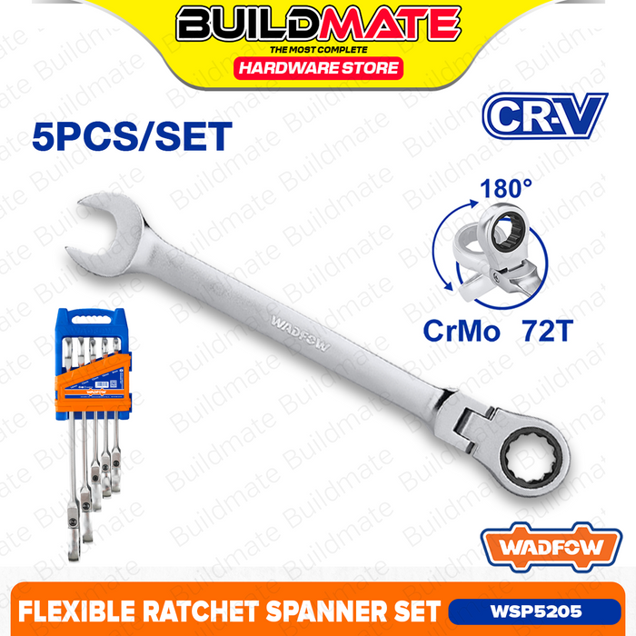 BUILDMATE Wadfow 5pcs / 7pcs Flexible Head Combination Ratchet Spanner Set 8-19mm / 8-14mm Ratcheting Wrench Gear Ring Hand Tool Set WSP5207 - WHT