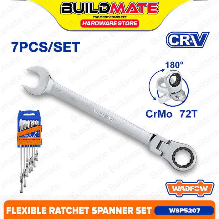 BUILDMATE Wadfow 5pcs / 7pcs Flexible Head Combination Ratchet Spanner Set 8-19mm / 8-14mm Ratcheting Wrench Gear Ring Hand Tool Set WSP5207 - WHT