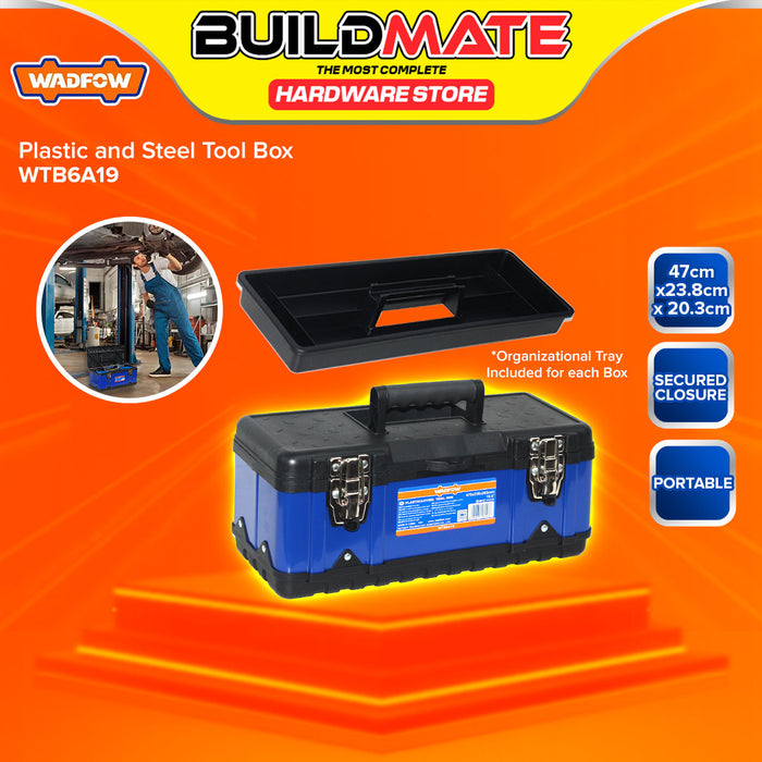 BUILDMATE Wadfow Plastic & Steel Tool Box 15.5" / 18.5" Inch Tools Storage Organizer Toolbox With Metal Buckle WTB6A16 / WTB6A19 - WHT
