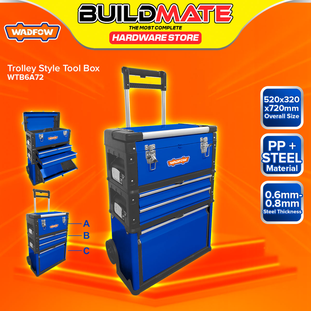 BUILDMATE Wadfow Trolley Style Tool Box 520x320x720mm Portable Tool Ch ...