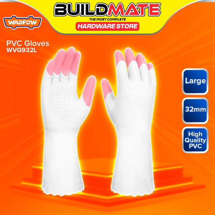 BUILDMATE Wadfow PVC Gloves 32mm Large Protective Work Hand Cover Washable Safety Cleaning Gloves for Household WVG932L - WHT
